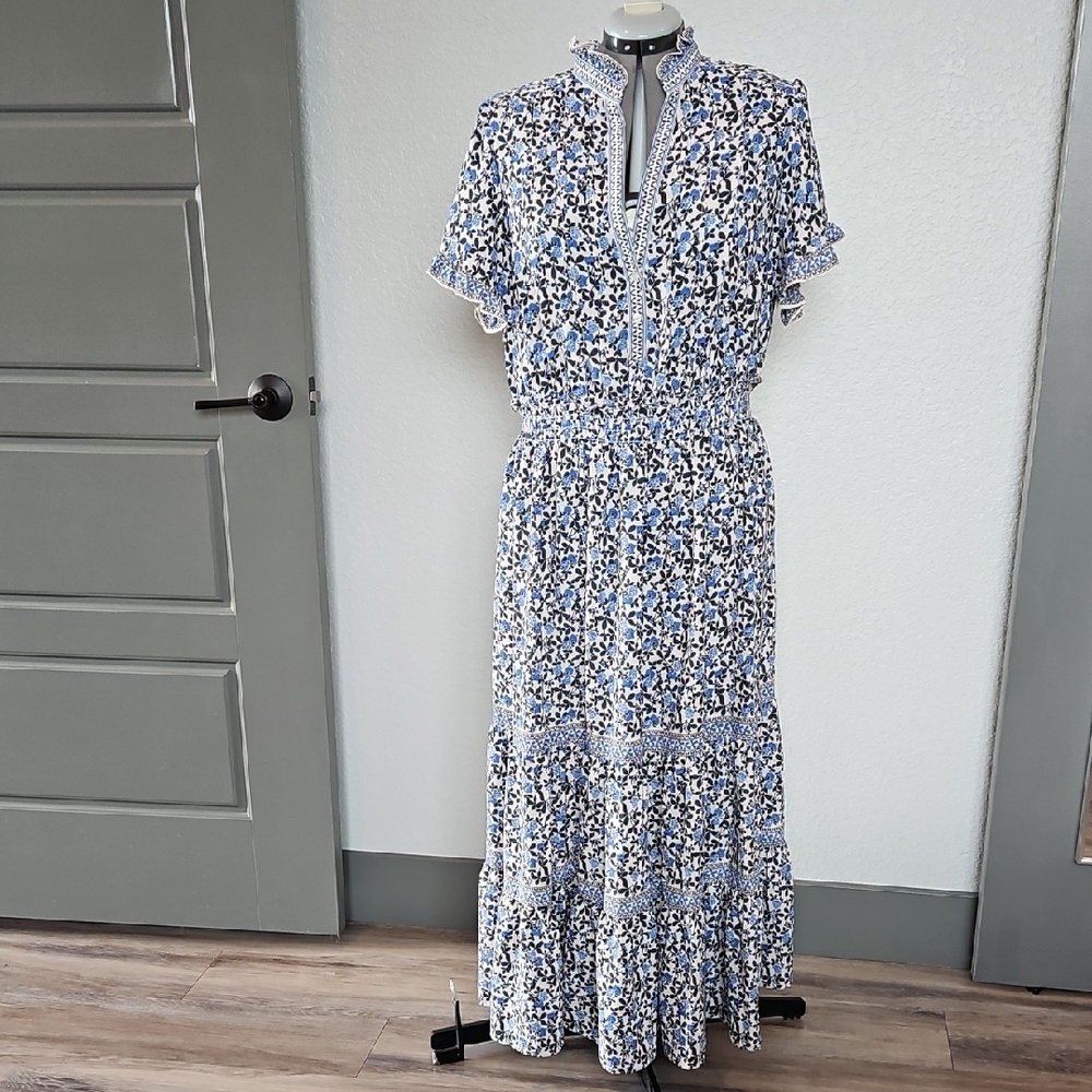 Max Studio White and Blue Floral Tiered Maxi Dress with Smocked Waist